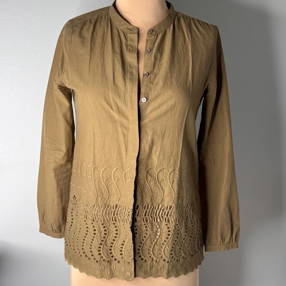 J.Crew Olive Green 100% Cotton Button-Up Women's Top Embroidery Lace Embroidered - Picture 1 of 11